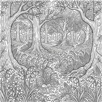 Step into a mesmerizing bluebell woodland with this intricate coloring page, designed to transport you to a serene forest full of nature's beauty. Explore a full-scene landscape bursting with delicate bell-shaped flowers, ancient trees, and winding paths, awaiting your creative touch.