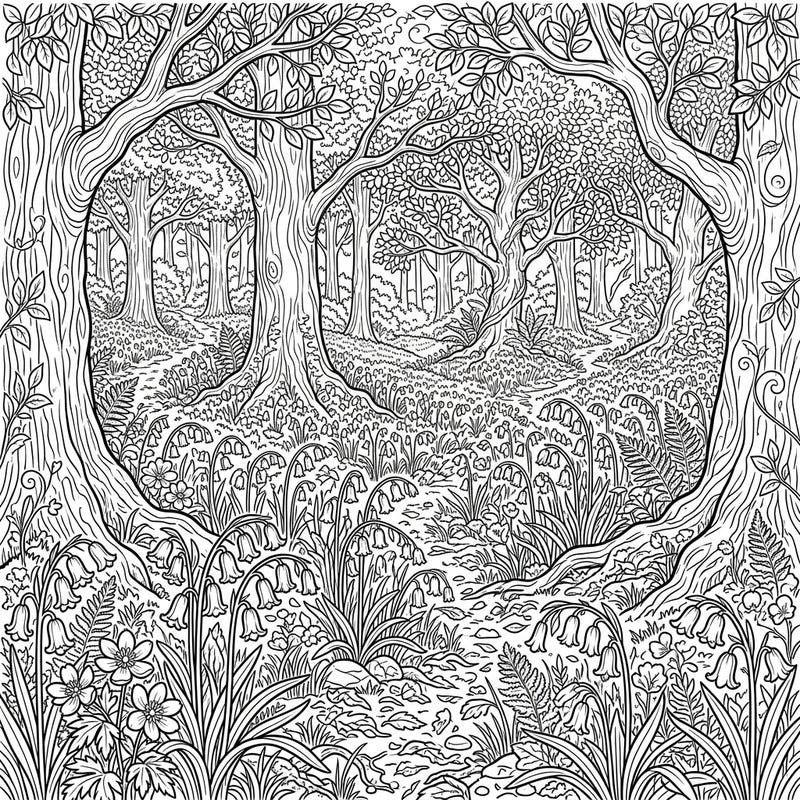 Step into a mesmerizing bluebell woodland with this intricate coloring page, designed to transport you to a serene forest full of nature's beauty. Explore a full-scene landscape bursting with delicate bell-shaped flowers, ancient trees, and winding paths, awaiting your creative touch.