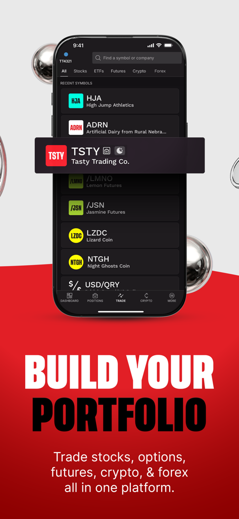 tastytrade: Invest & Trade - tastytrade mobile app screen showing a search for trading symbols and a Build Your Portfolio headline.