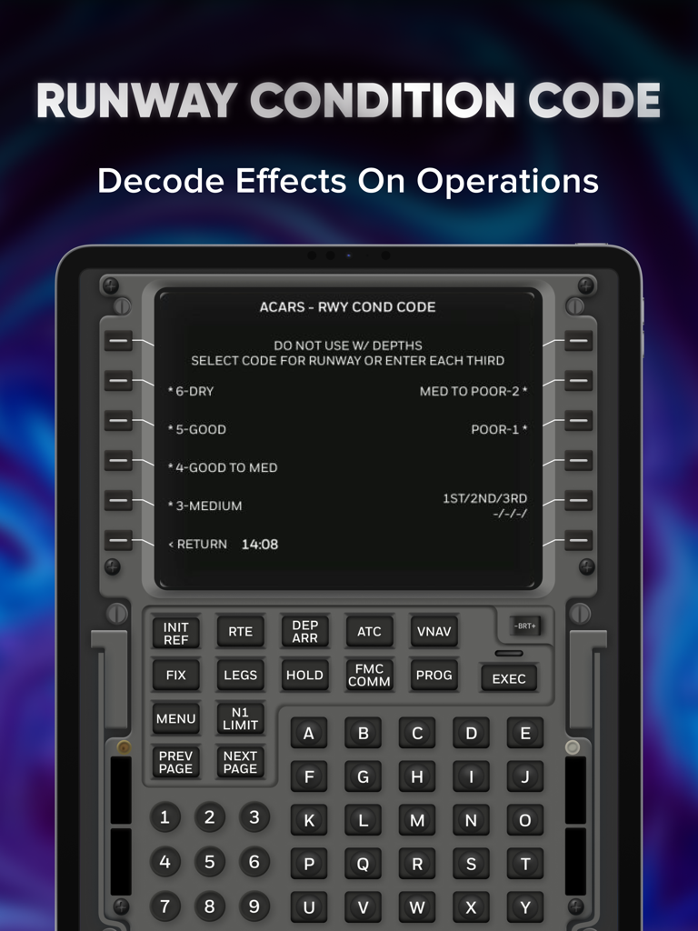 B737 FMS trainer interface showing ACARS runway condition code selection