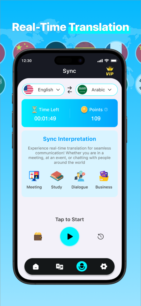 AI Real-time Translator - KI-Echtzeitübersetzer-App-Oberfläche zeigt den Sync-Interpretationsmodus für Geschäft und Studium