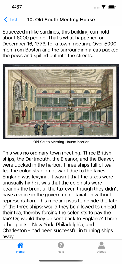 Historic Boston - A screen from the Historic Boston mobile app showing historical information and an interior illustration of the Old South Meeting House.