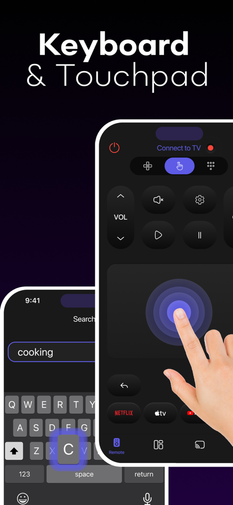 UniRemote: Smart TV Control - iPhone showing the keyboard and touchpad features of the UniRemote smart TV control app