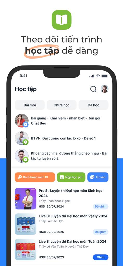 Moon.vn - App học online! - Dashboard of Moon.vn app showing learning progress and exam preparation courses for Vietnamese students.