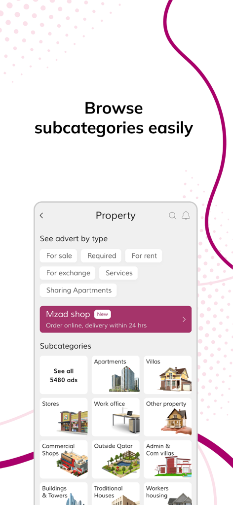 Mzad Qatar مزاد قطر - Mzad Qatar app interface showing real estate property subcategories like apartments and villas