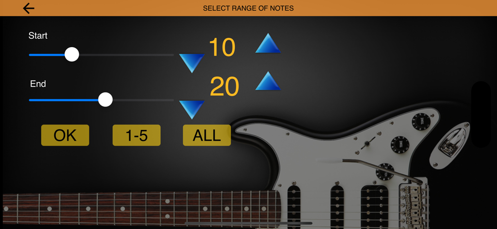 Guitar Riff - Play by Ear - Interfaz que muestra la configuración para seleccionar un rango específico de notas para practicar riffs de guitarra