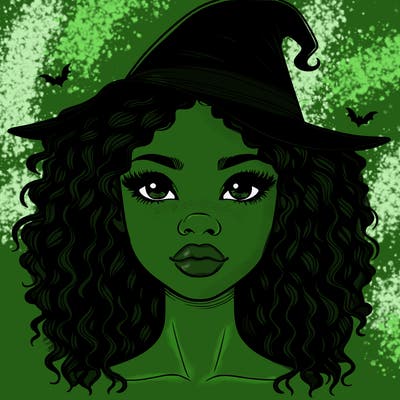 realistic black girl with wavy hair and witch hat and nose and lips