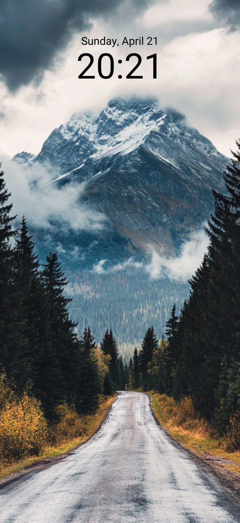 Wallpaper 4K & HD Backgrounds - Un fondo de pantalla de naturaleza de alta definición que muestra una majestuosa montaña nevada y un camino a través de un bosque de pinos en la pantalla de bloqueo de un iPhone