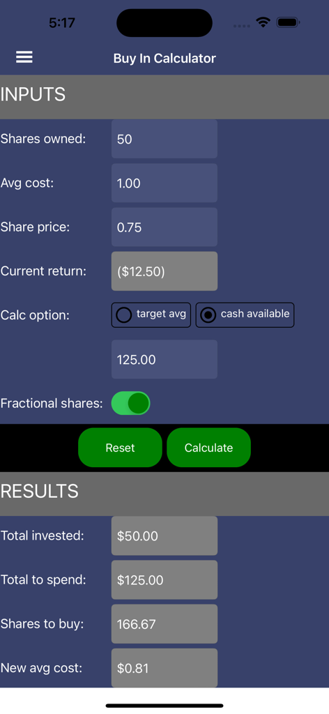Mobile App-Oberfläche des Buy In Calculator, die Felder für gehaltene Aktien, durchschnittliche Kosten und berechnete Ergebnisse zur Durchschnittskosten-Senkung einer Investition zeigt