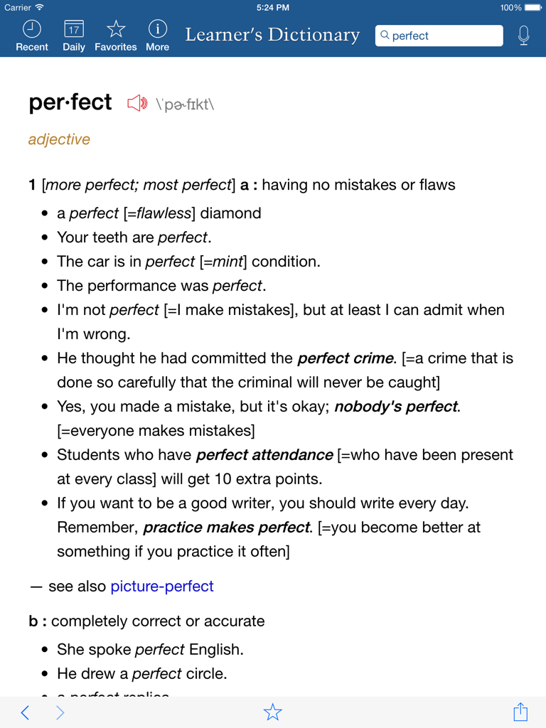 Learner's Dictionary - English HD - Dictionary app entry for the word perfect with definitions and usage examples.
