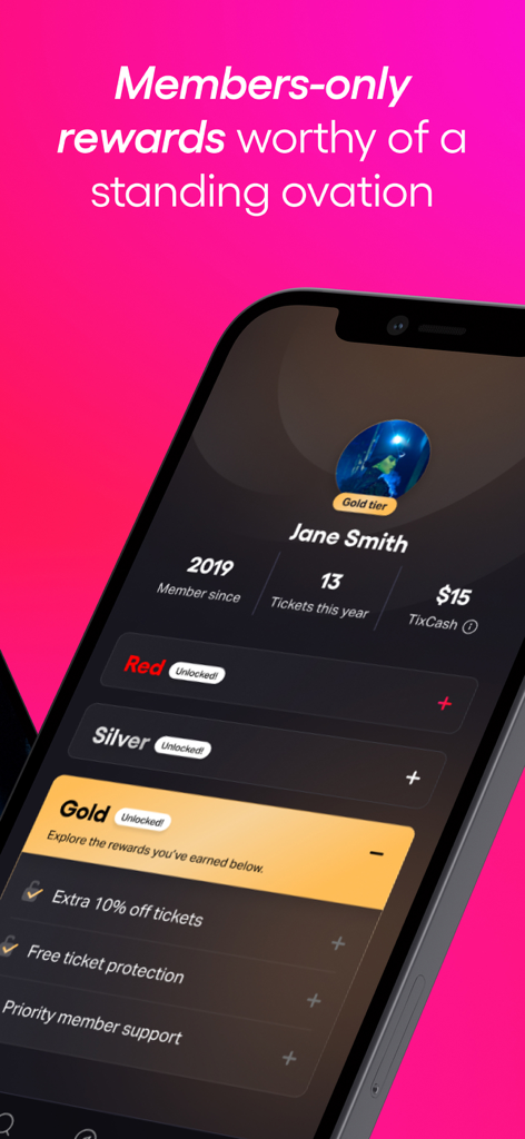 TodayTix app interface showing member rewards and gold tier benefits