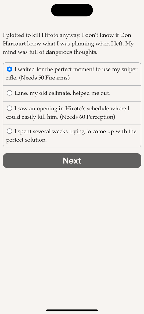 Life of a Mobster - Narrative choice selection screen in the text-based game Life of a Mobster