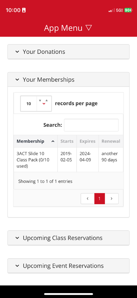 RhinoFit - RhinoFit app interface showing gym membership details and class reservation options