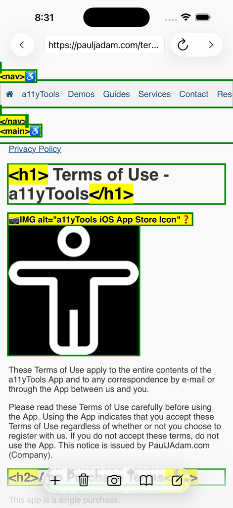 a11yTools - Web Accessibility - a11yTools app displaying visual accessibility tags and image alt text overlays on a webpage in Safari