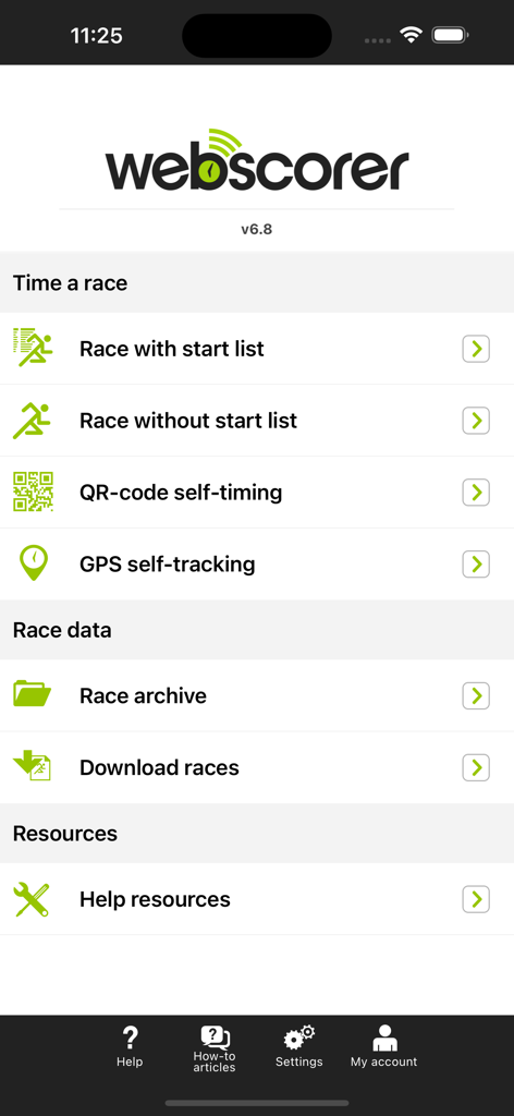 Webscorer Race Timer - Main dashboard of the Webscorer Race Timer app showing options for timing races with or without start lists and managing race data.
