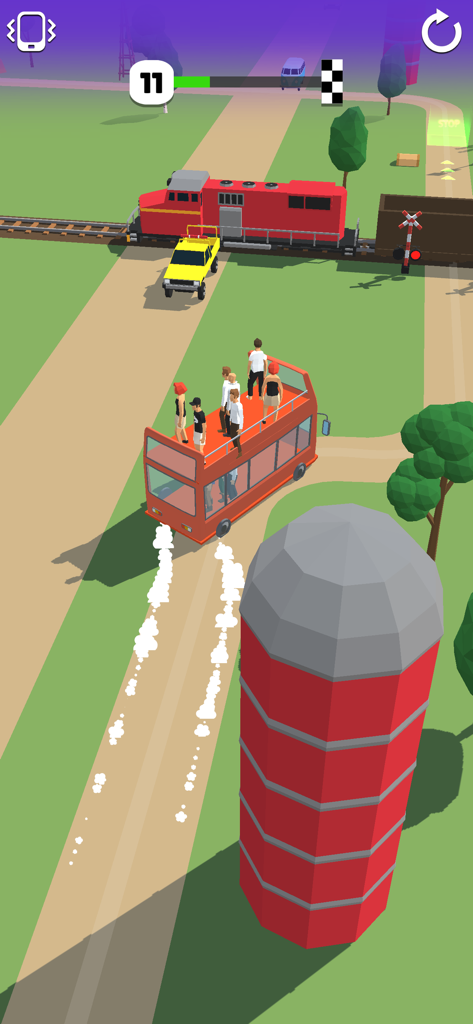 Bus Arrival 3D - A red open-top bus with passengers driving towards a railroad crossing where a red train is passing in Bus Arrival 3D.