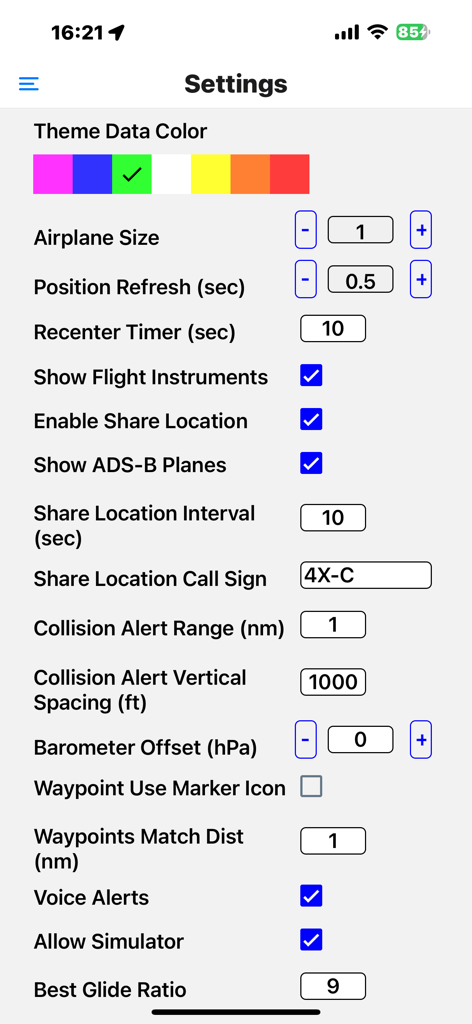 Air Map Israel - Settings menu of the Air Map Israel app showing flight instrument and safety alert configurations