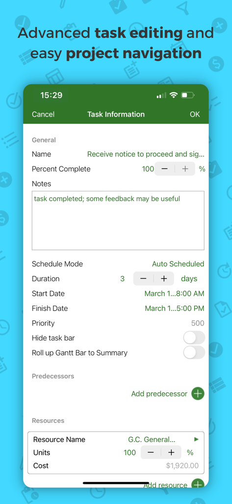 Project Plan 365 - Task information and advanced editing screen in the Project Plan 365 mobile app