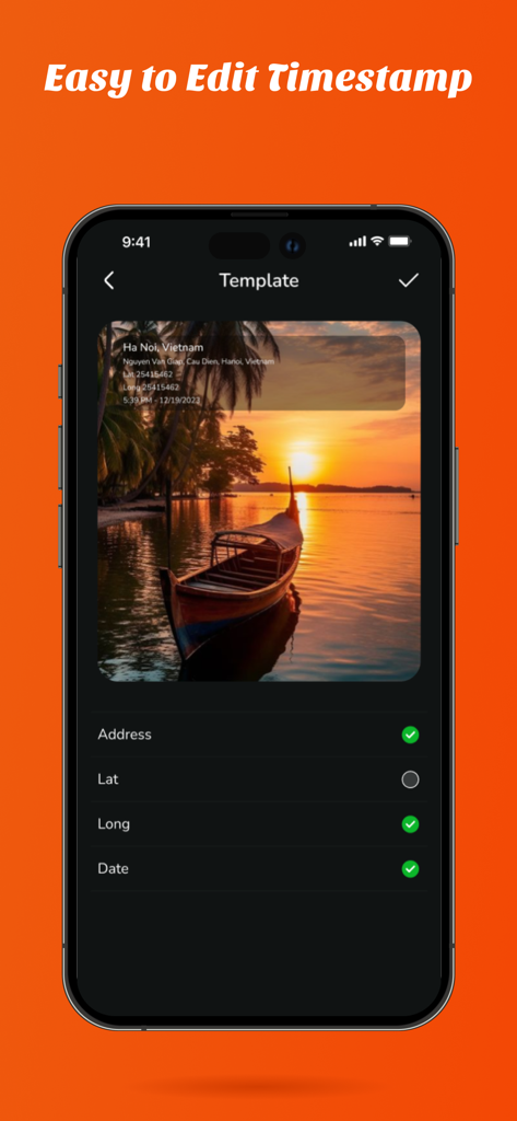 GPS Camera with Time Stamp - A mobile interface showing options to toggle and edit address, latitude, longitude, and date stamps on a sunset photo.