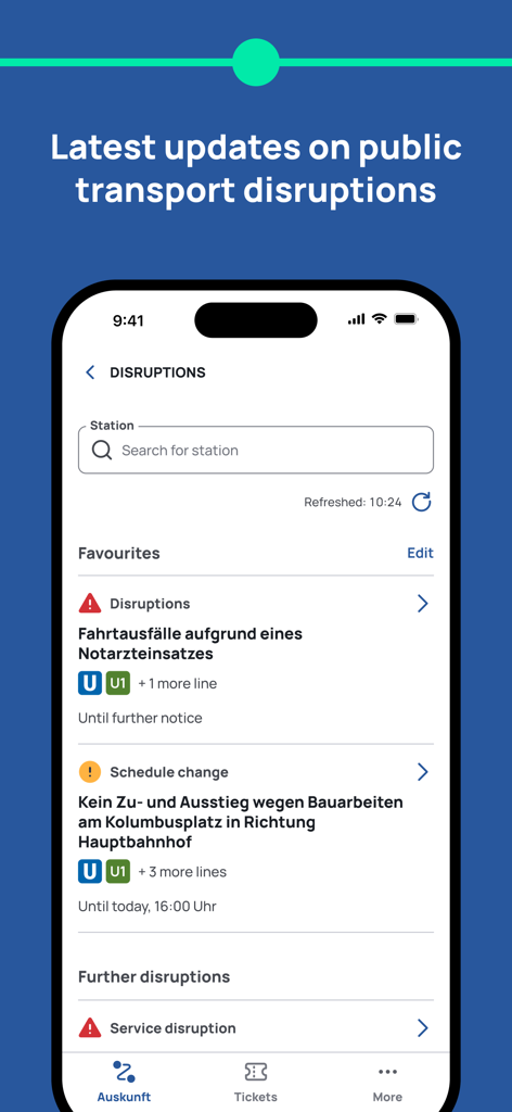 MVGO! - Smartphone-Bildschirm mit Echtzeit-Warnungen zu Störungen im öffentlichen Nahverkehr in der MVGO App