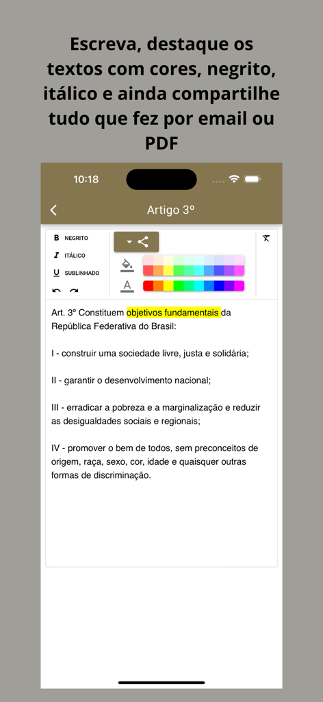 Interfaz mostrando herramientas de resaltado y edición de texto legal en la app Vade Mecum Pro