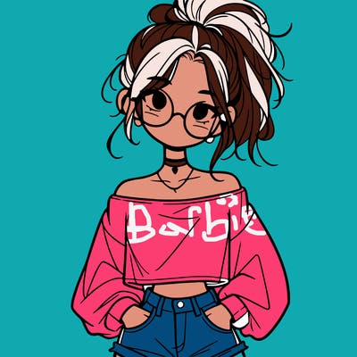 girl with a messy ponytail glasses a baggy crop top and jean shorts