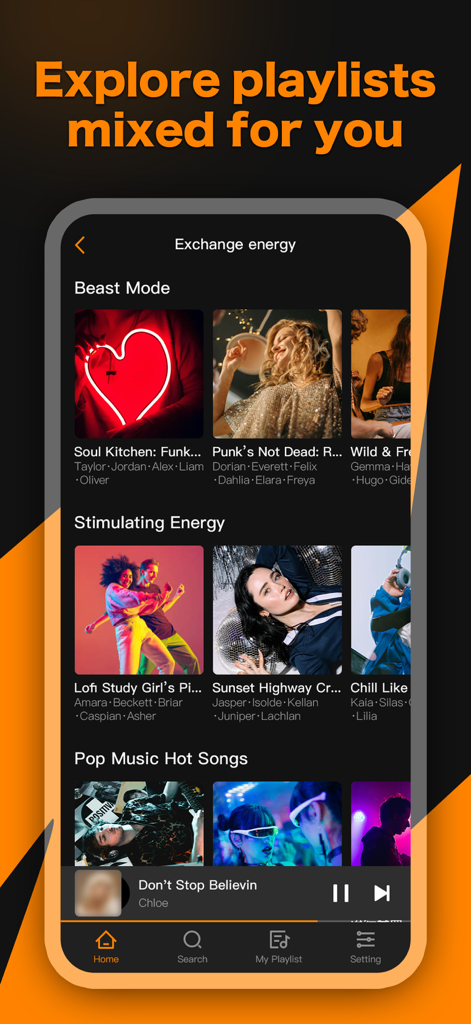 Music X app interface showing personalized playlists like Beast Mode and Stimulating Energy with a music player bar at the bottom
