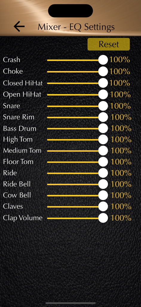 Drum kit mixer screen with volume sliders for individual percussion sounds like snare bass drum and hihat