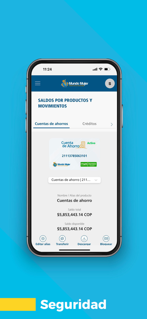 Banco Mundo Mujer - Smartphone exibindo a tela de saldo da conta poupança do aplicativo Banco Mundo Mujer.