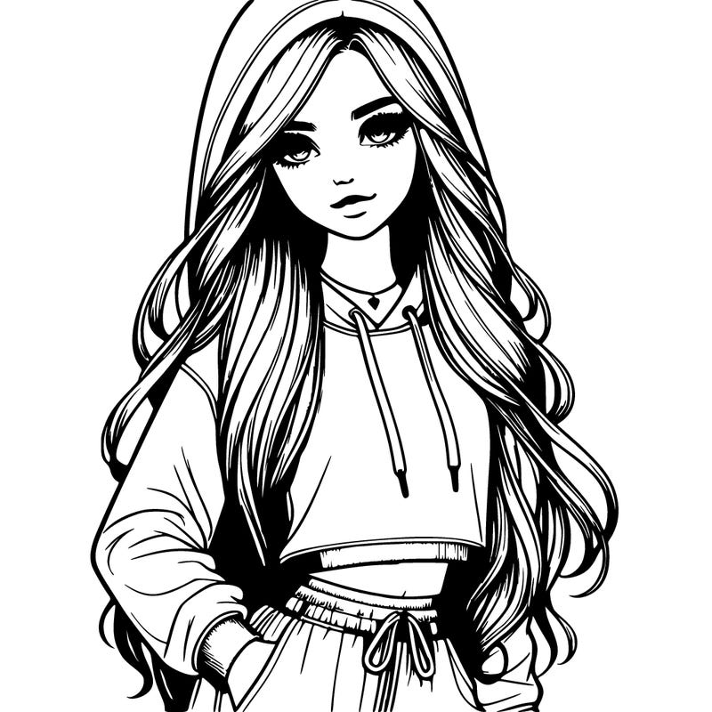 realistic girl with floor length hair wearing a hoodie with the hood down and sweat pants