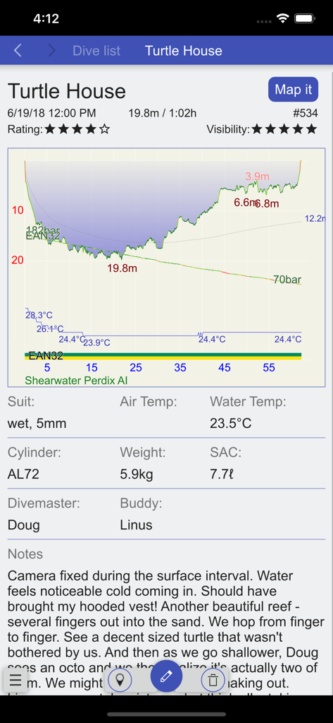 Subsurface mobile app interface showing a detailed dive log with a depth profile graph and technical dive statistics