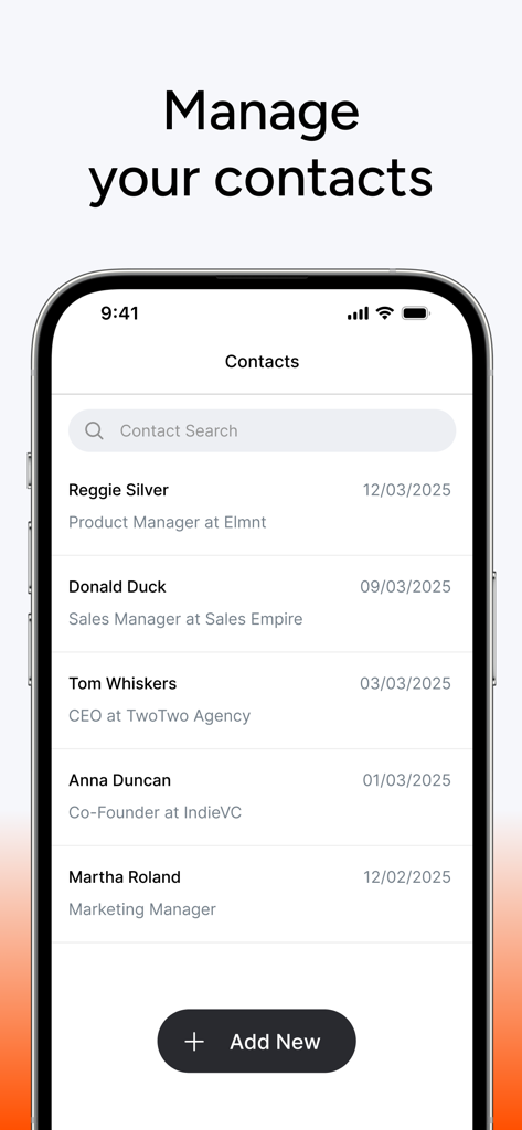 HeyCard Business Card Creator - Un elenco digitale di contatti aziendali all'interno dell'applicazione mobile HeyCard.