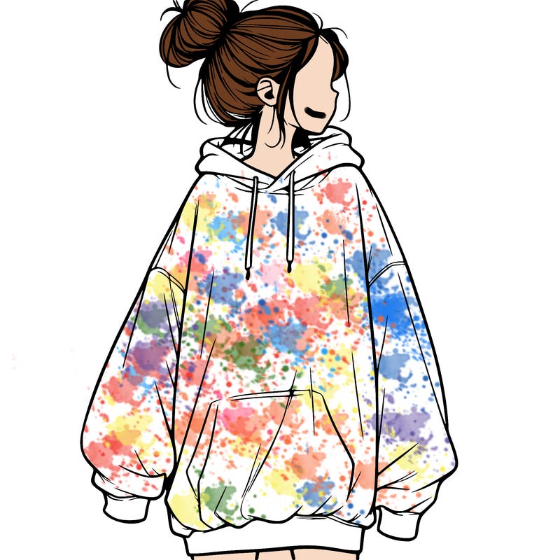 realistic girl with a oversized sweatshirt on and a bun