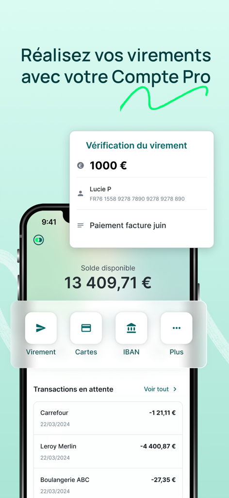 Pennylane mobile app interface displaying a pro account balance and bank transfer verification