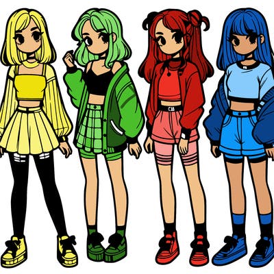 one girl with crop-top shirt and a jacket with a skirt, long socks and another girl with a shirt and pants with a jacket