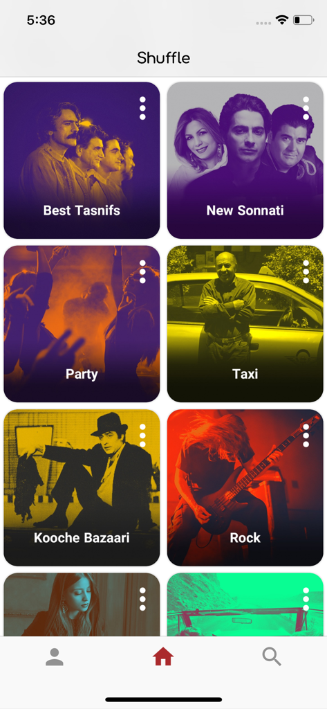 Shuffle Music - Shuffle Music app home screen displaying a grid of music channels including Sonnati Party and Rock categories