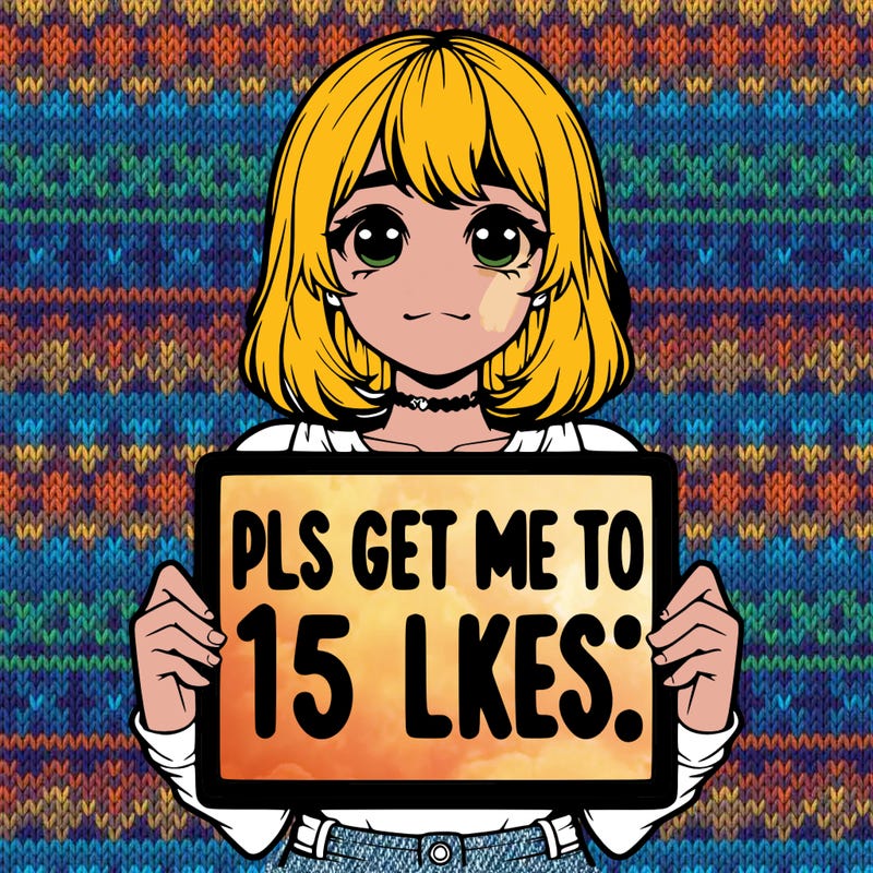 realistic girl holding up a sign that says “pls get me to 15 likes!”