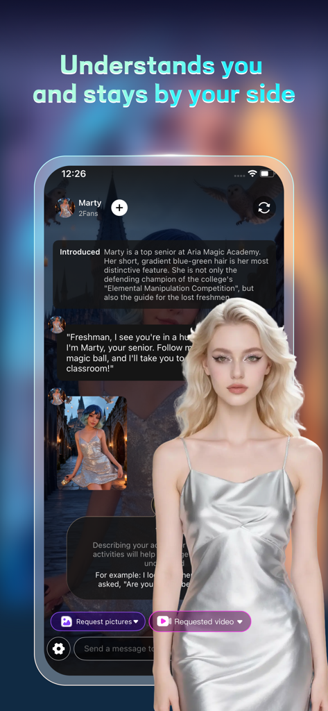 PopAI app screen featuring a realistic blonde AI companion in a silver dress with a chat interface and character description.