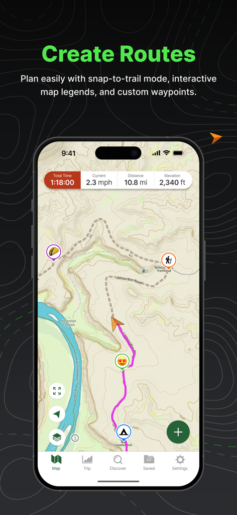 Gaia GPS: Mobile Trail Maps - 거리 및 고도 측정항목과 함께 등고선 지도에 경로 계획을 보여주는 Gaia GPS 앱 인터페이스