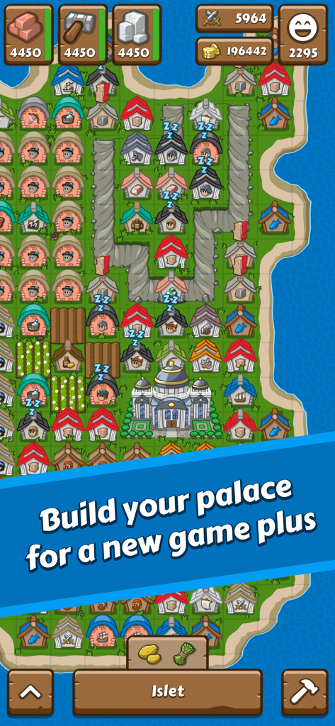 Paragon Pioneers - Gameplay de Paragon Pioneers que muestra una ciudad isleña desarrollada con un palacio central y una interfaz de gestión de recursos.