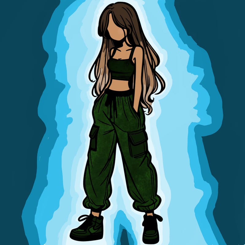 girl in baggy pants crop top and long hair