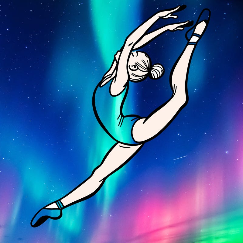 gymnast doing a leap in a leotard with a bent back leg