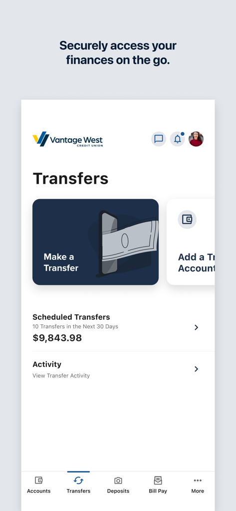 Vantage West Credit Union mobile app transfers interface showing scheduled transactions and activity