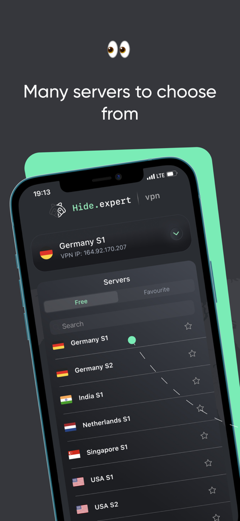 Hide Expert VPN - Hide Expert VPN app interface showing a list of global server locations including USA, Germany, and India