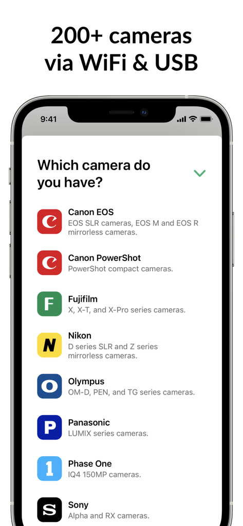 Cascable Studio: Tether & More - Smartphone screen showing compatible camera brands for Cascable Studio tethering app