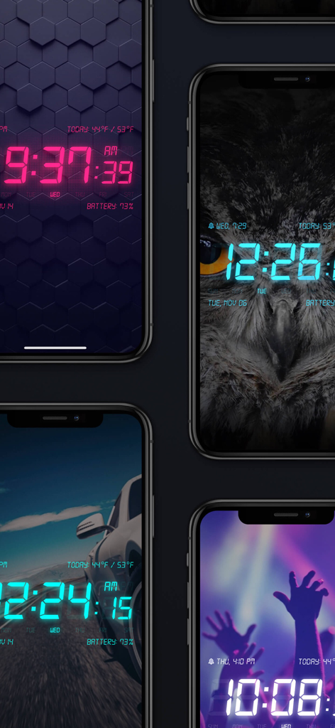 Four iPhone screens displaying different customizable aesthetic clock themes with time date and weather