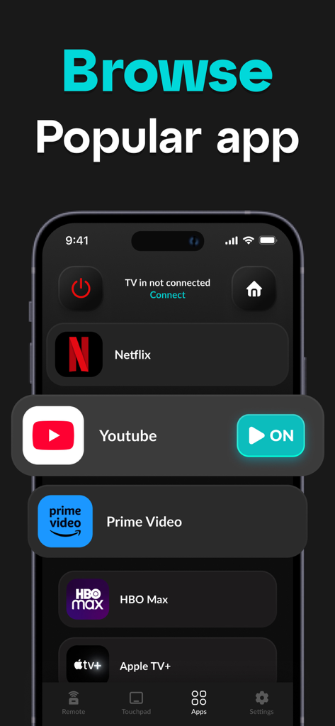 Remote for Hisense TV. - Interface of the Remote for Hisense TV app showing a list of popular streaming apps like YouTube and Netflix