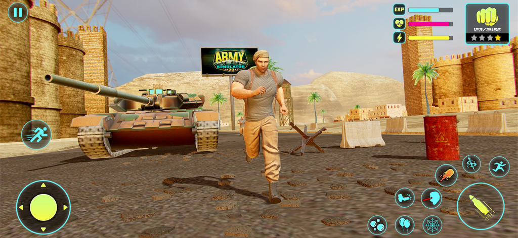 Tank Games 3D : Army War Games - Soldier running next to a tank in a 3D desert environment with game controls