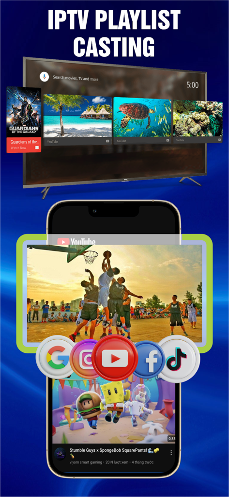 All Cast ™ - A smartphone casting social media and IPTV content to a large smart TV using the All Cast app.