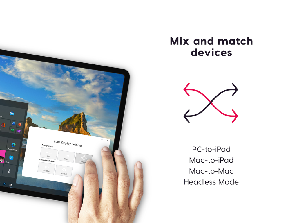 Luna Display - Un iPad utilizado como monitor secundario para un PC mostrando la configuración de Luna Display y varios modos de conexión como PC a iPad y Mac a Mac.